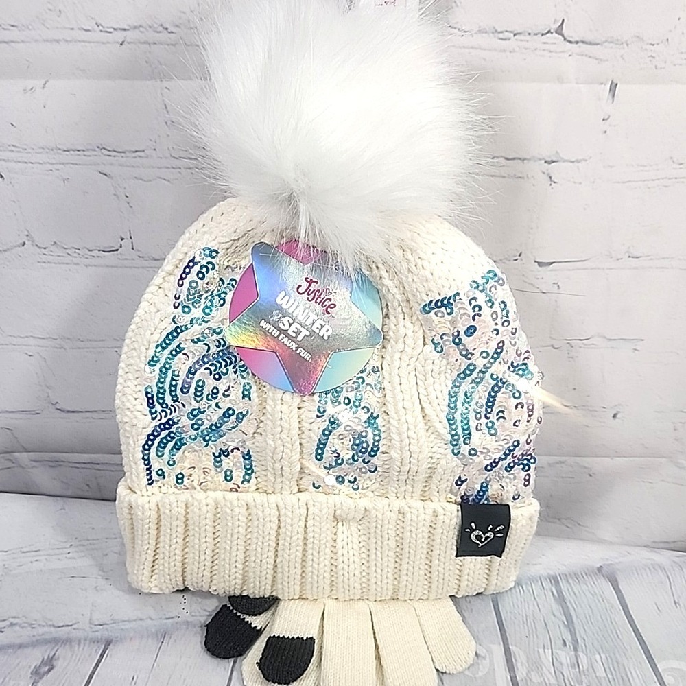 Justice Girls WHITE CBL Knit Sequin Beanie w/faux fur & Gloves 2-Piece Set NWT